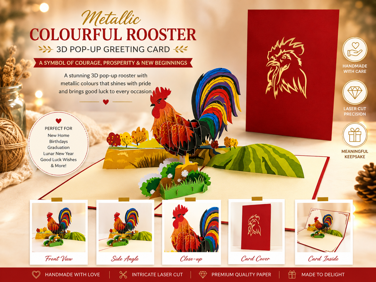 Metallic Colourful Rooster Origami Pop Cards 3D Pop Up Greeting Card Thank You Handmade Gift Thinking of You Happy Birthday Occasion Australiana Celebrate the Beauty and Happiness During Special Day Best Wishes Gift