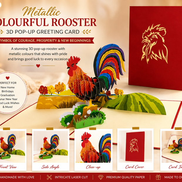Metallic Colourful Rooster Origami Pop Cards 3D Pop Up Greeting Card Thank You Handmade Gift Thinking of You Happy Birthday Occasion Australiana Celebrate the Beauty and Happiness During Special Day Best Wishes Gift