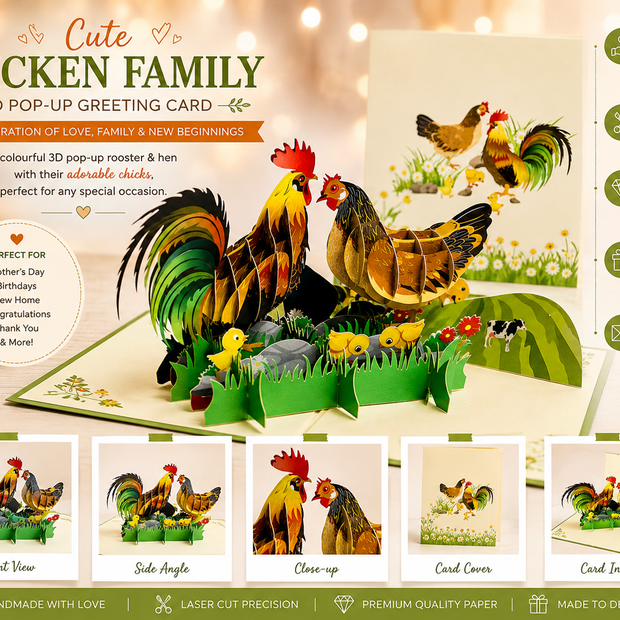 Cute Chicken Family Colourful Rooster & Hen Origami Pop Cards 3D Pop Up Greeting Card Thank You Handmade Gift Thinking of You Happy Birthday Occasion Australiana Celebrate the Beauty and Happiness During Special Day Best Wishes Gift