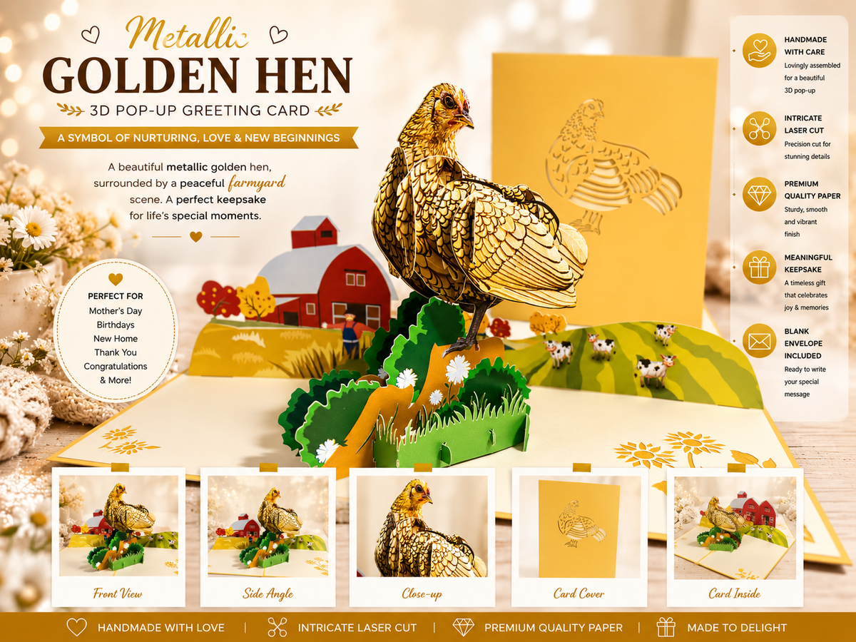Golden Hen Chicken Origami Pop Cards 3D Pop Up Greeting Card Thank You Handmade Gift Thinking of You Happy Birthday Occasion Australiana Celebrate the Beauty and Happiness During Special Day Best Wishes Gift