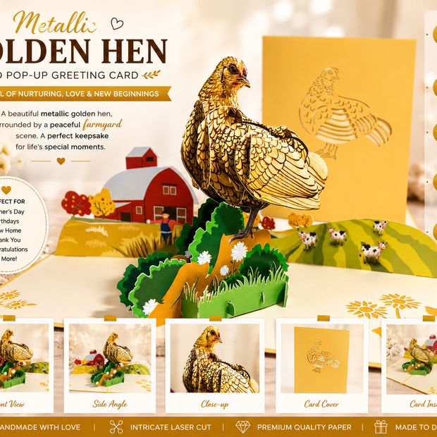 Golden Hen Chicken Origami Pop Cards 3D Pop Up Greeting Card Thank You Handmade Gift Thinking of You Happy Birthday Occasion Australiana Celebrate the Beauty and Happiness During Special Day Best Wishes Gift