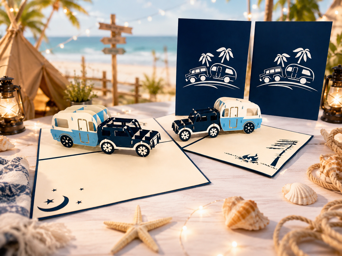 Super Cute 4WD Towing a Vintage Caravan in Blue Origami Pop Cards 3D Pop Up Greeting Card Celebrate Happy Birthday Thank You Handmade Best Wishes Gift Thinking of You Blank Card for Any Occasion Happy Mother's Day Australiana