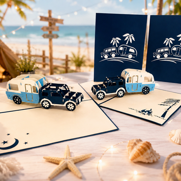 Super Cute 4WD Towing a Vintage Caravan in Blue Origami Pop Cards 3D Pop Up Greeting Card Celebrate Happy Birthday Thank You Handmade Best Wishes Gift Thinking of You Blank Card for Any Occasion Happy Mother's Day Australiana