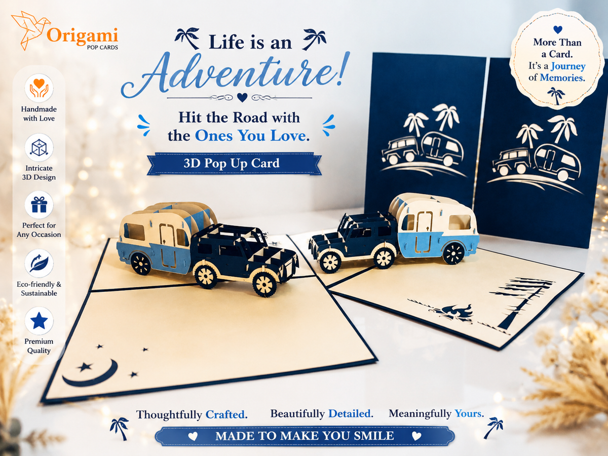 Super Cute 4WD Towing a Vintage Caravan in Blue Origami Pop Cards 3D Pop Up Greeting Card Celebrate Happy Birthday Thank You Handmade Best Wishes Gift Thinking of You Blank Card for Any Occasion Happy Mother's Day Australiana