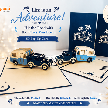 Super Cute 4WD Towing a Vintage Caravan in Blue Origami Pop Cards 3D Pop Up Greeting Card Celebrate Happy Birthday Thank You Handmade Best Wishes Gift Thinking of You Blank Card for Any Occasion Happy Mother's Day Australiana
