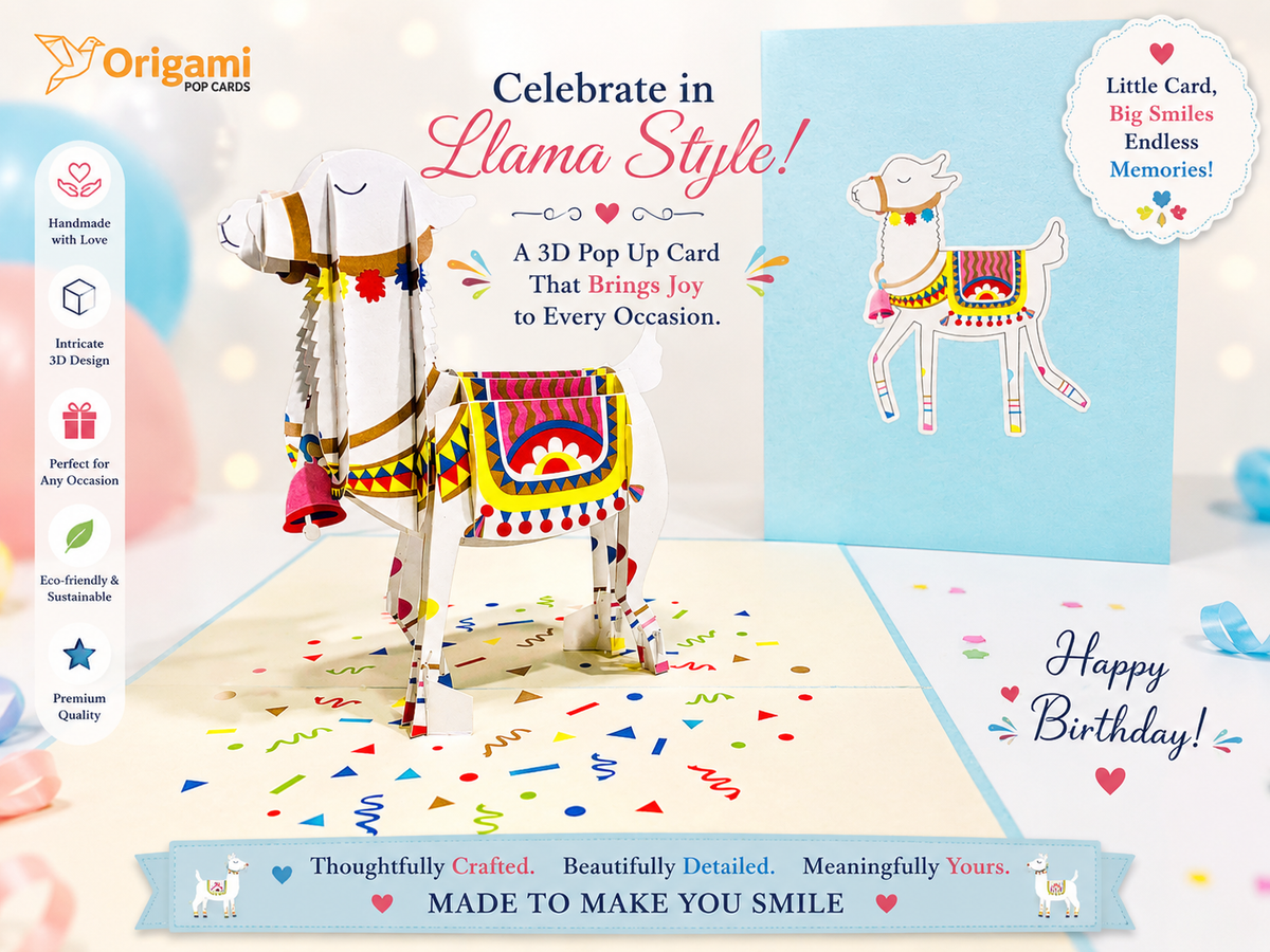 Baby Blue LLAMA Origami Pop Cards 3D Pop Up Greeting Card Happy Birthday Thank You Handmade Gift Thinking of You Blank Card for Any Occasion Happy Mother's Day Australiana Celebrate the Beauty of Animals Perfect Gift for Baby