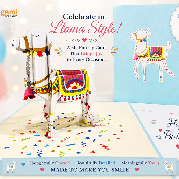 Baby Blue LLAMA Origami Pop Cards 3D Pop Up Greeting Card Happy Birthday Thank You Handmade Gift Thinking of You Blank Card for Any Occasion Happy Mother's Day Australiana Celebrate the Beauty of Animals Perfect Gift for Baby