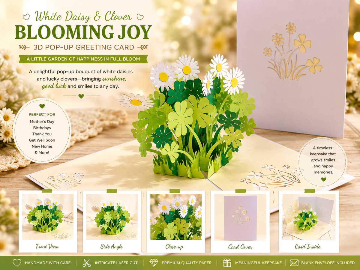 White Daisy & Clover Pop Up Card - Bellis Perennis the simplicity & classic "English Daisy" Card Origami Pop Cards 3D Pop Up Greeting Card Happy Birthday Thank You Handmade Gift Thinking of You Blank Card for Any Occasion Happy Mother's Day