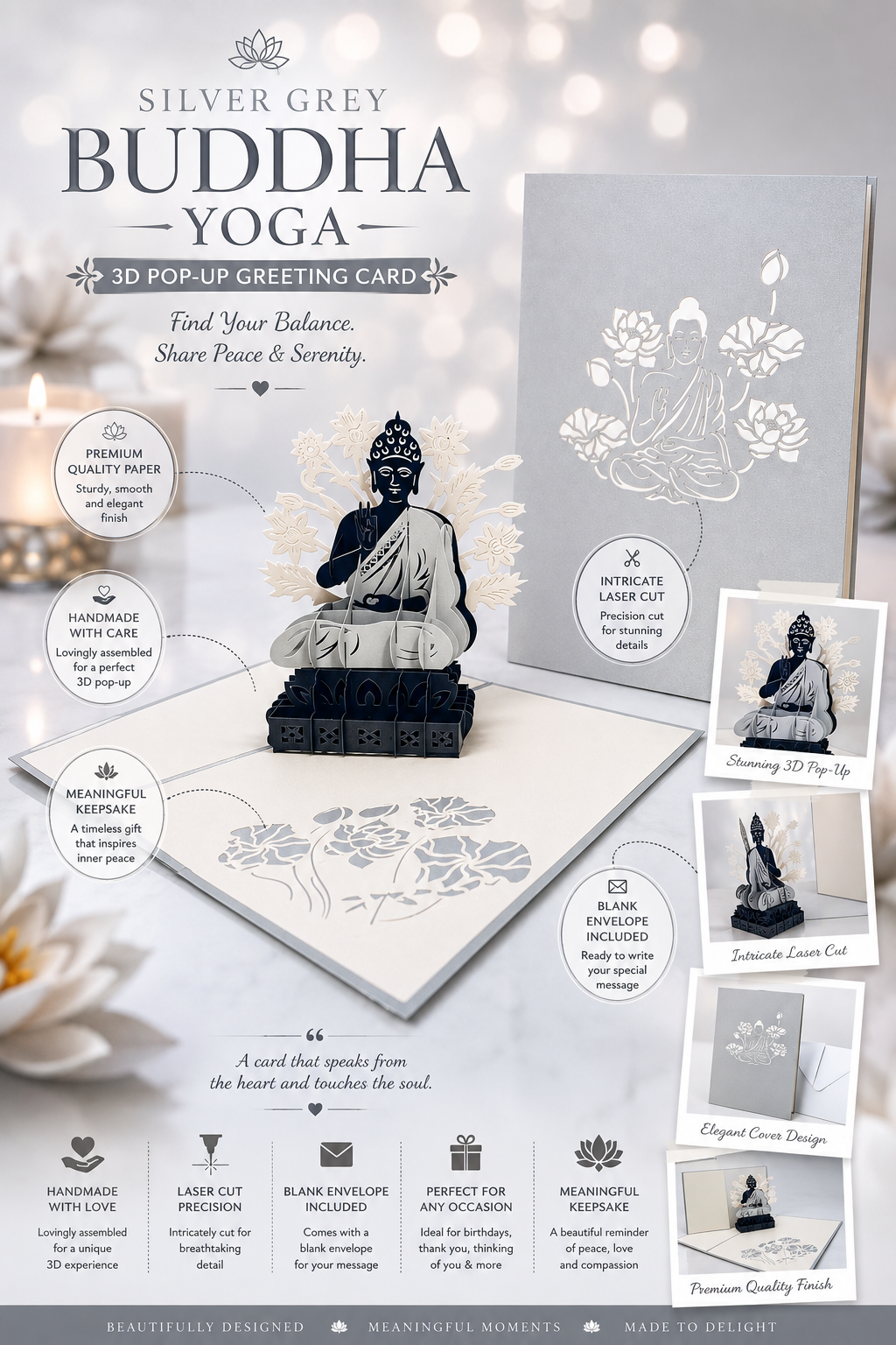 Silver Grey Buddha Origami Pop Cards 3D Pop Up Greeting Card Happy Birthday Thank You Handmade Gift Thinking of You Blank Card for Any Occasion Happy Mother's Day Australiana Celebrate the Beauty of Flower