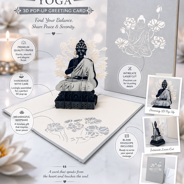 Silver Grey Buddha Origami Pop Cards 3D Pop Up Greeting Card Happy Birthday Thank You Handmade Gift Thinking of You Blank Card for Any Occasion Happy Mother's Day Australiana Celebrate the Beauty of Flower