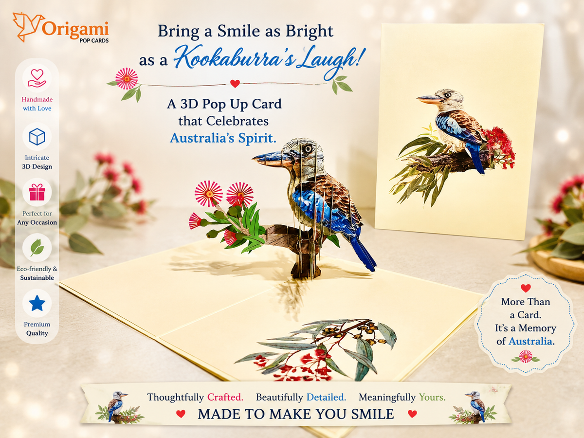 Laughing Kookaburra Australian Bird with Native Pink Gumnut Blossom Wildflower Origami Pop Cards 3D Pop Up Greeting Card Happy Birthday Thank You Handmade Gift Thinking of You Blank Card for Any Occasion Happy Mother's Day Happy Father's Australiana