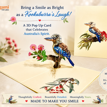Laughing Kookaburra Australian Bird with Native Pink Gumnut Blossom Wildflower Origami Pop Cards 3D Pop Up Greeting Card Happy Birthday Thank You Handmade Gift Thinking of You Blank Card for Any Occasion Happy Mother's Day Happy Father's Australiana