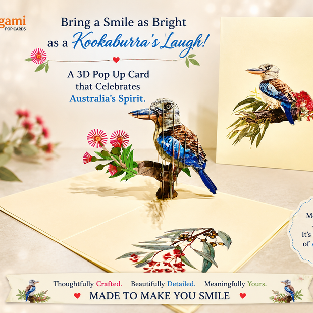 Laughing Kookaburra Australian Bird with Native Pink Gumnut Blossom Wildflower Origami Pop Cards 3D Pop Up Greeting Card Happy Birthday Thank You Handmade Gift Thinking of You Blank Card for Any Occasion Happy Mother's Day Happy Father's Australiana