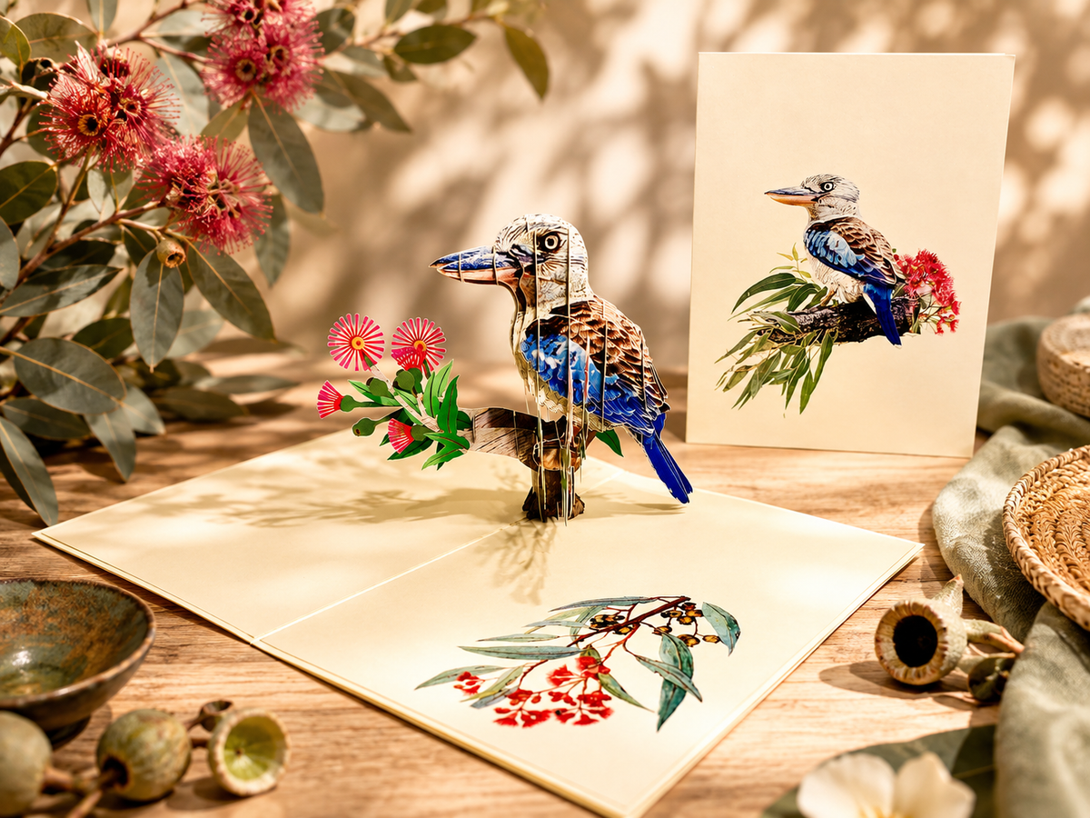 Laughing Kookaburra Australian Bird with Native Pink Gumnut Blossom Wildflower Origami Pop Cards 3D Pop Up Greeting Card Happy Birthday Thank You Handmade Gift Thinking of You Blank Card for Any Occasion Happy Mother's Day Happy Father's Australiana