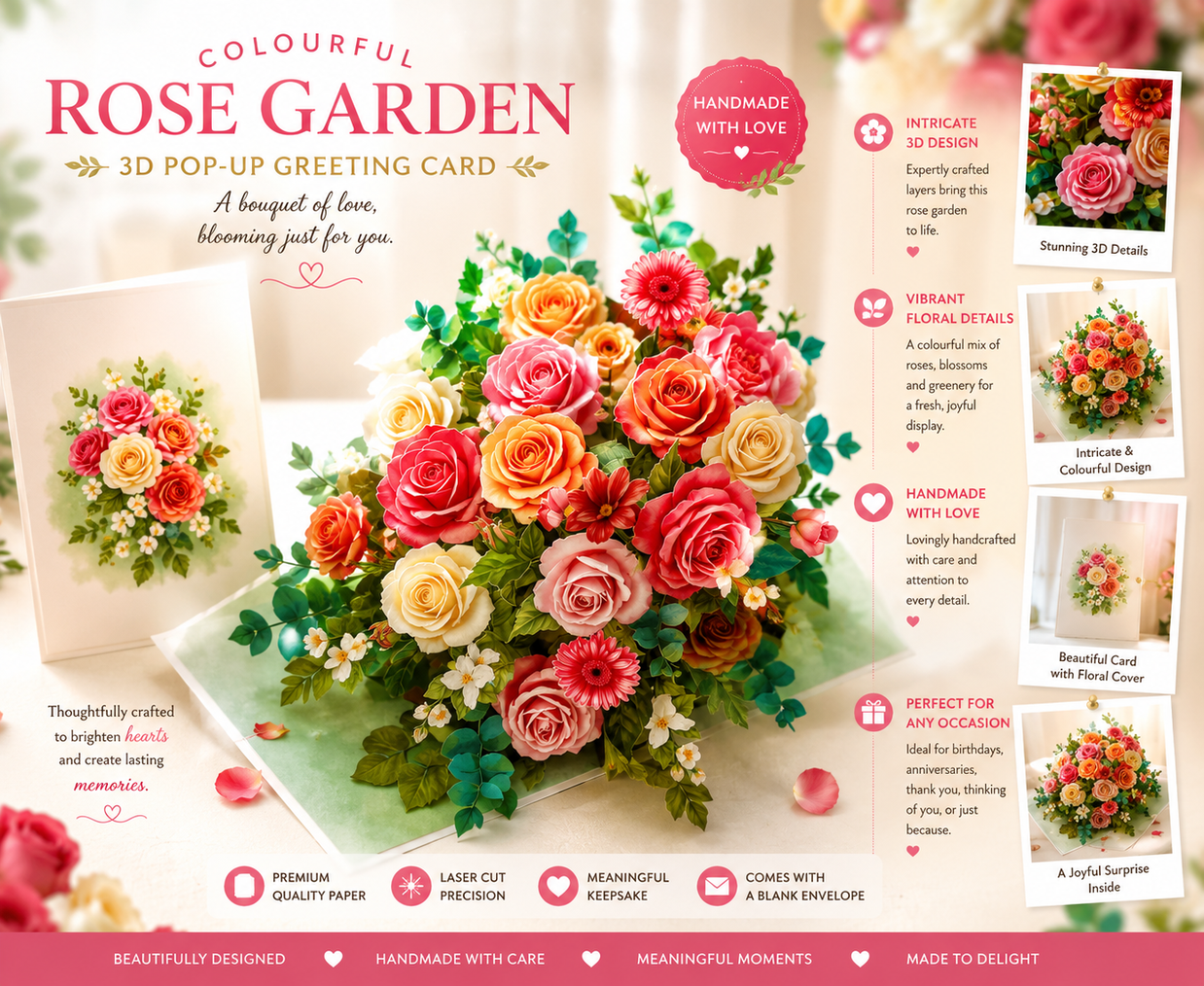 Colourful Rose Garden Origami Pop Cards 3D Pop Up Greeting Card Happy Birthday Thank You Handmade Gift Thinking of You Blank Card for Any Occasion Happy Mother's Day Happy Father's Australiana Celebrate the Beauty of Autumn Flowe