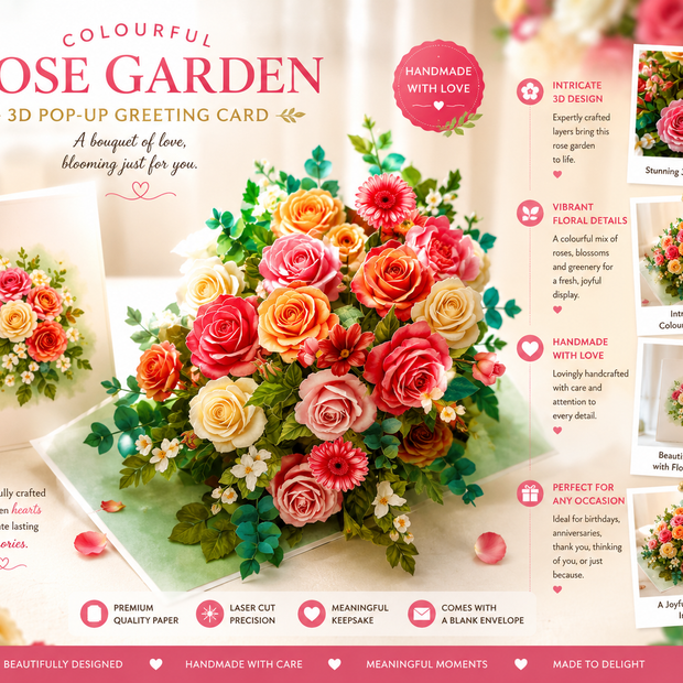 Colourful Rose Garden Origami Pop Cards 3D Pop Up Greeting Card Happy Birthday Thank You Handmade Gift Thinking of You Blank Card for Any Occasion Happy Mother's Day Happy Father's Australiana Celebrate the Beauty of Autumn Flowe