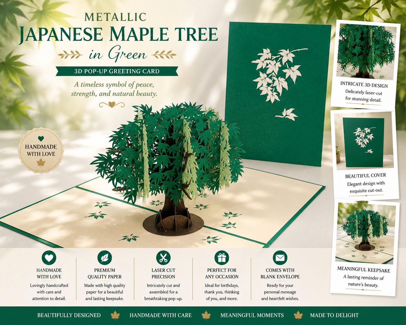 Metallic Japanese Maple Tree in Green 3D POP UP GREETING CARD - Created by Origami Pop Cards Australian Design & Handmade 3D Pop Up Magical Paper Cards, Handmade Pop Up Cards Happy Valentine's Day Celebrate Love Heart Fell and Romantic