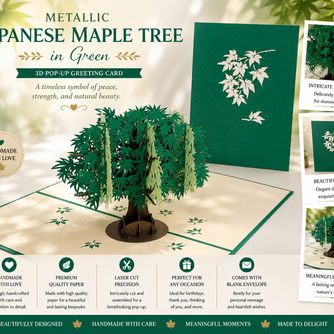 Metallic Japanese Maple Tree in Green 3D POP UP GREETING CARD - Created by Origami Pop Cards Australian Design & Handmade 3D Pop Up Magical Paper Cards, Handmade Pop Up Cards Happy Valentine's Day Celebrate Love Heart Fell and Romantic