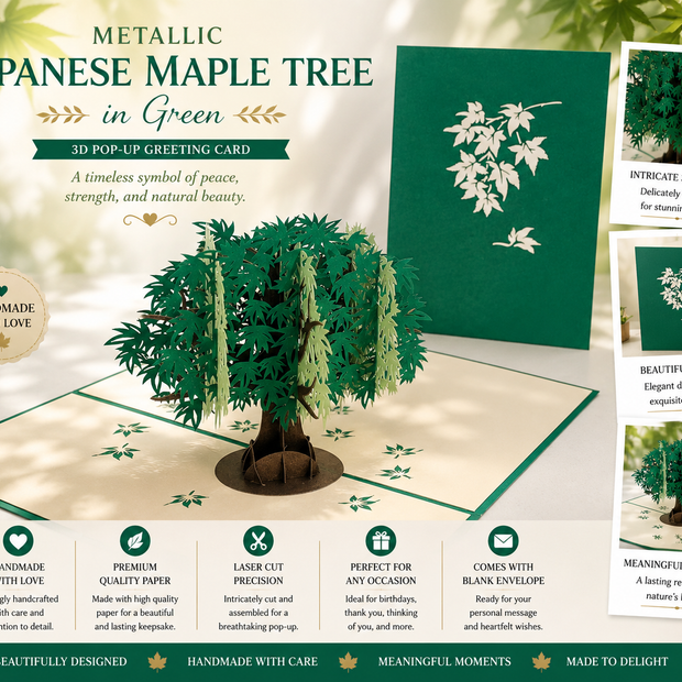 Metallic Japanese Maple Tree in Green 3D POP UP GREETING CARD - Created by Origami Pop Cards Australian Design & Handmade 3D Pop Up Magical Paper Cards, Handmade Pop Up Cards Happy Valentine's Day Celebrate Love Heart Fell and Romantic