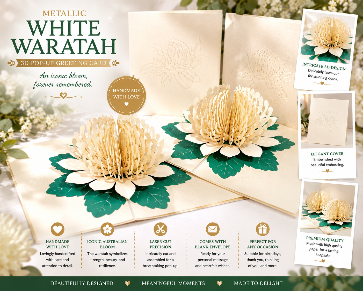 Metallic White Waratah Australian Native Flower Origami Pop Cards 3D Pop Up Greeting Card Happy Birthday Thank You Handmade Gift Thinking of You Blank Card for Any Occasion Happy Mother's Day Happy Father's Australiana (Copy)