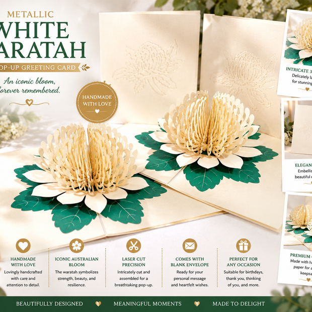 Metallic White Waratah Australian Native Flower Origami Pop Cards 3D Pop Up Greeting Card Happy Birthday Thank You Handmade Gift Thinking of You Blank Card for Any Occasion Happy Mother's Day Happy Father's Australiana