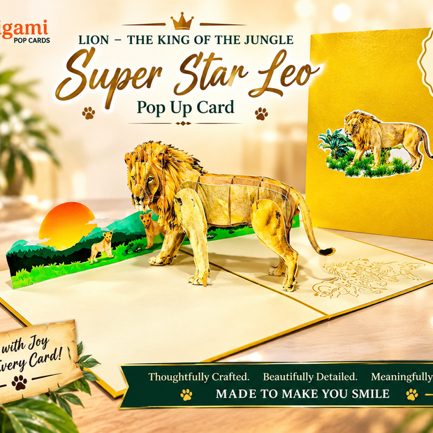 Lion - The King of the Jungle - Super Star Leo Origami Pop Cards 3D Pop Up Greeting Card Happy Birthday Thank You Handmade Gift Thinking of You Blank Card for Any Occasion Happy Mother's Day Happy Father's Australiana Celebrate the Beauty of Flower