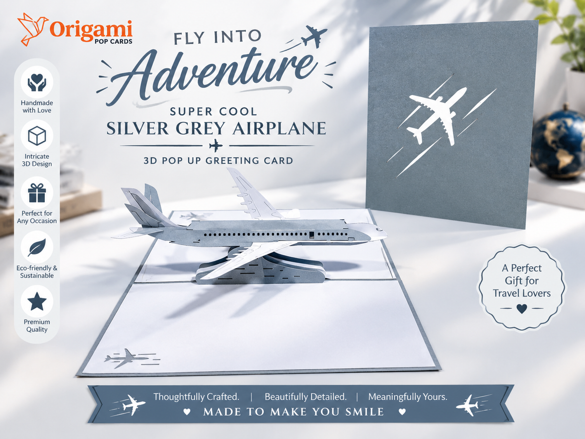 Super Cool Silver Grey Airplane Card Origami Pop Cards 3D Pop Up Greeting Card Thank You Handmade Gift Thinking of You Blank Card for Happy Birthday Occasion Australiana Celebrate the Beauty and Happiness During Special Day Best Wishes Gift