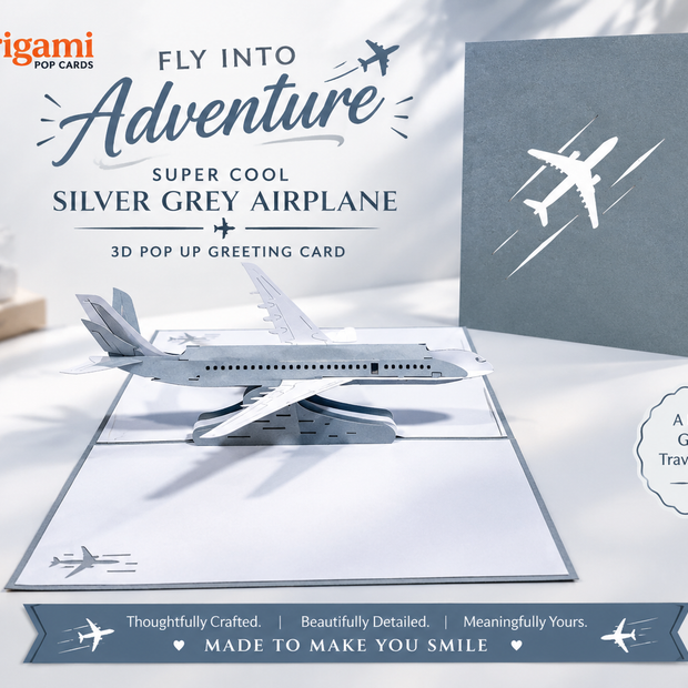 Super Cool Silver Grey Airplane Card Origami Pop Cards 3D Pop Up Greeting Card Thank You Handmade Gift Thinking of You Blank Card for Happy Birthday Occasion Australiana Celebrate the Beauty and Happiness During Special Day Best Wishes Gift