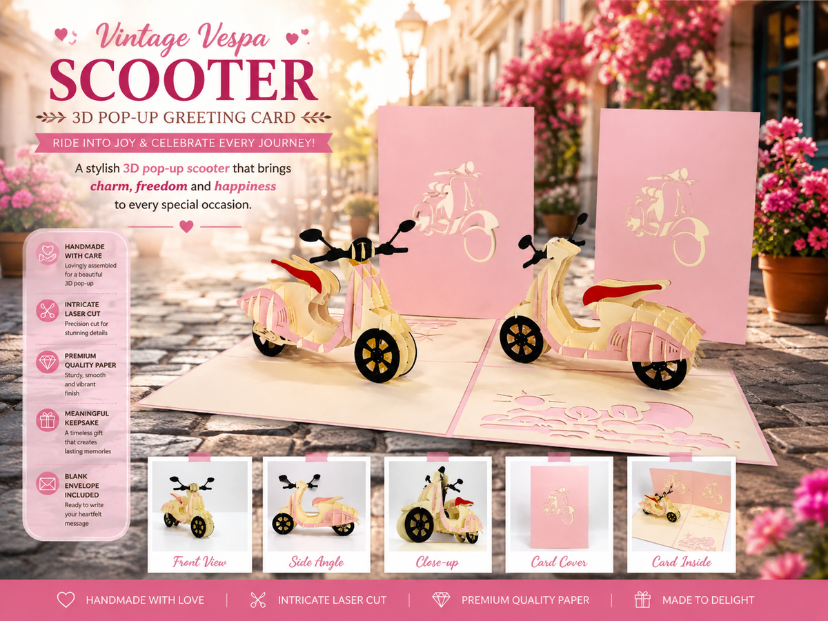 Super Cute Pink Scooter Motorcycle - Perfect for Happy Mother's Day Origami Pop Cards 3D Pop Up Greeting Card Celebrate Happy Birthday Thank You Handmade Best Wishes Gift Thinking of You Blank Card for Any Occasion Happy Valentine Day Australiana