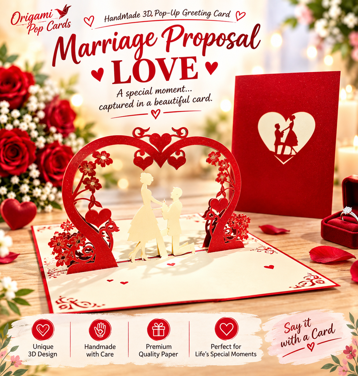 Marriage Engagement Proposal LOVE 12x17cm 3D POP UP GREETING CARD - Created by Origami Pop Cards Australian Design & Handmade 3D Pop Up Magical Paper Cards, Love Heart Fell and Romantic Handmade Pop Up Cards Happy Valentine's Day Celebrate