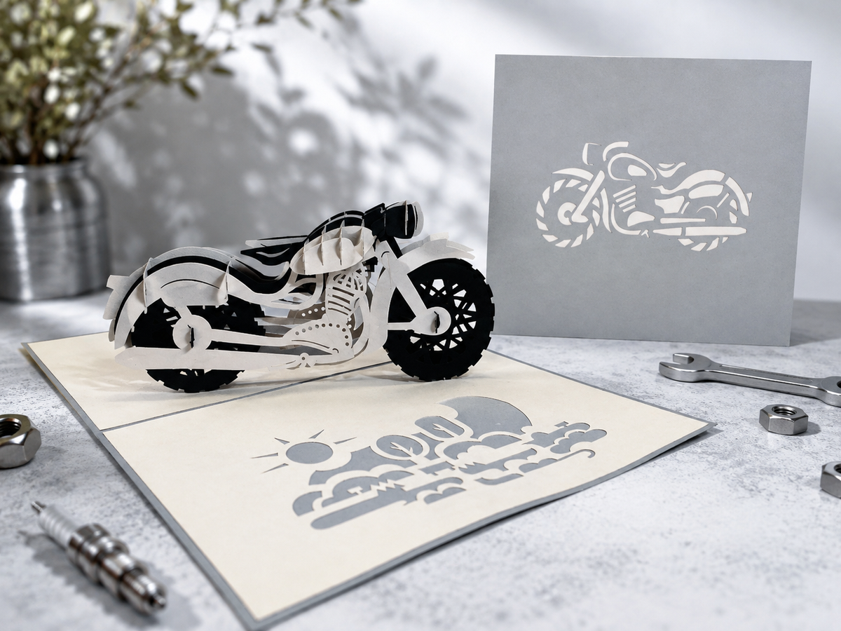 Silver Grey Black Classic Motorbike - Perfect for Happy Father's Day Origami Pop Cards 3D Pop Up Greeting Card Celebrate Happy Birthday Thank You Handmade Best Wishes Gift Thinking of You Blank Card for Any Occasion Happy Mother's Day Australiana