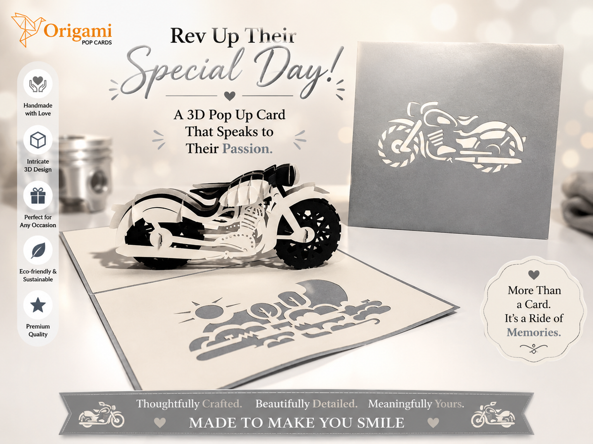 Silver Grey Black Classic Motorbike - Perfect for Happy Father's Day Origami Pop Cards 3D Pop Up Greeting Card Celebrate Happy Birthday Thank You Handmade Best Wishes Gift Thinking of You Blank Card for Any Occasion Happy Mother's Day Australiana
