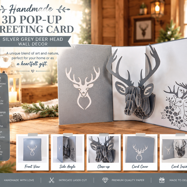 Silver Grey Deer Head Hanging Wall Decor Origami Pop Cards 3D Pop Up Greeting Card Merry Christmas Thank You Handmade Best Wishes Blank Card Gift Happy Holidays Celebrate the Special Day