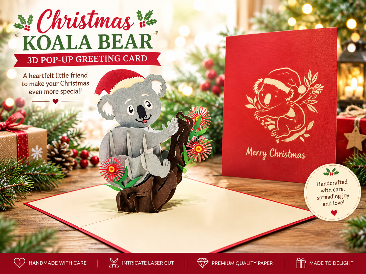 Aussie Christmas Santa Koala Christmas Unique Wild Animals of Australia Origami Pop Cards 3D Pop Up Greeting Card Christmas Thank You Handmade Best Wishes Happy Holidays Celebrate the Special Day Moment with Family and Friends