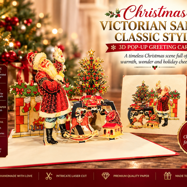 Metallic Christmas Victorian Santa Classic Style Origami Pop Cards 3D Pop Up Greeting Card Merry Christmas Thank You Handmade Best Wishes Blank Card Gift Happy Holidays Celebrate the Special Day