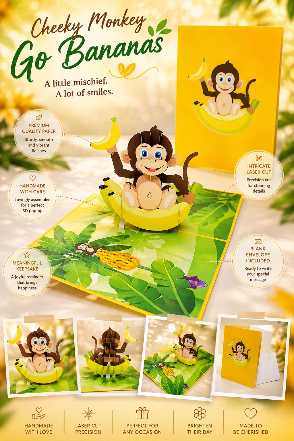 Cheeky Monkey Go Bananas - Perfect for Father's Day or Special Birthday Event Origami Pop Cards 3D Pop Up Greeting Card Happy Birthday Handmade Gift Thinking of You Blank Card for Any Occasion Happy Father's Australiana Celebrate the Beauty