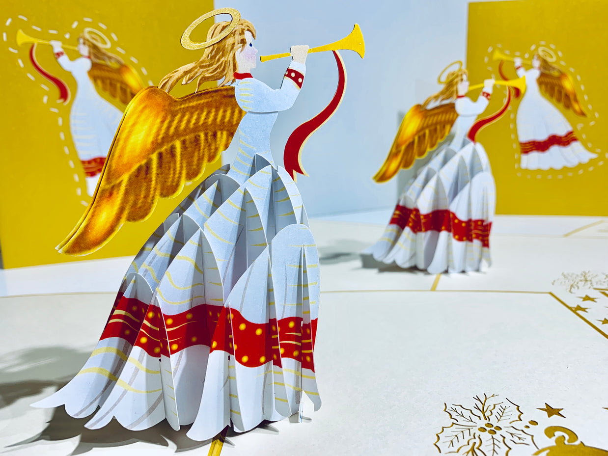 Christmas Angel Blowing Trumpet in Gold Origami Pop Cards 3D Pop Up Greeting Card Merry Christmas Thank You Handmade Best Wishes Blank Card Gift Happy Holidays Celebrate the Special Day Moment with Family and Friends Holy