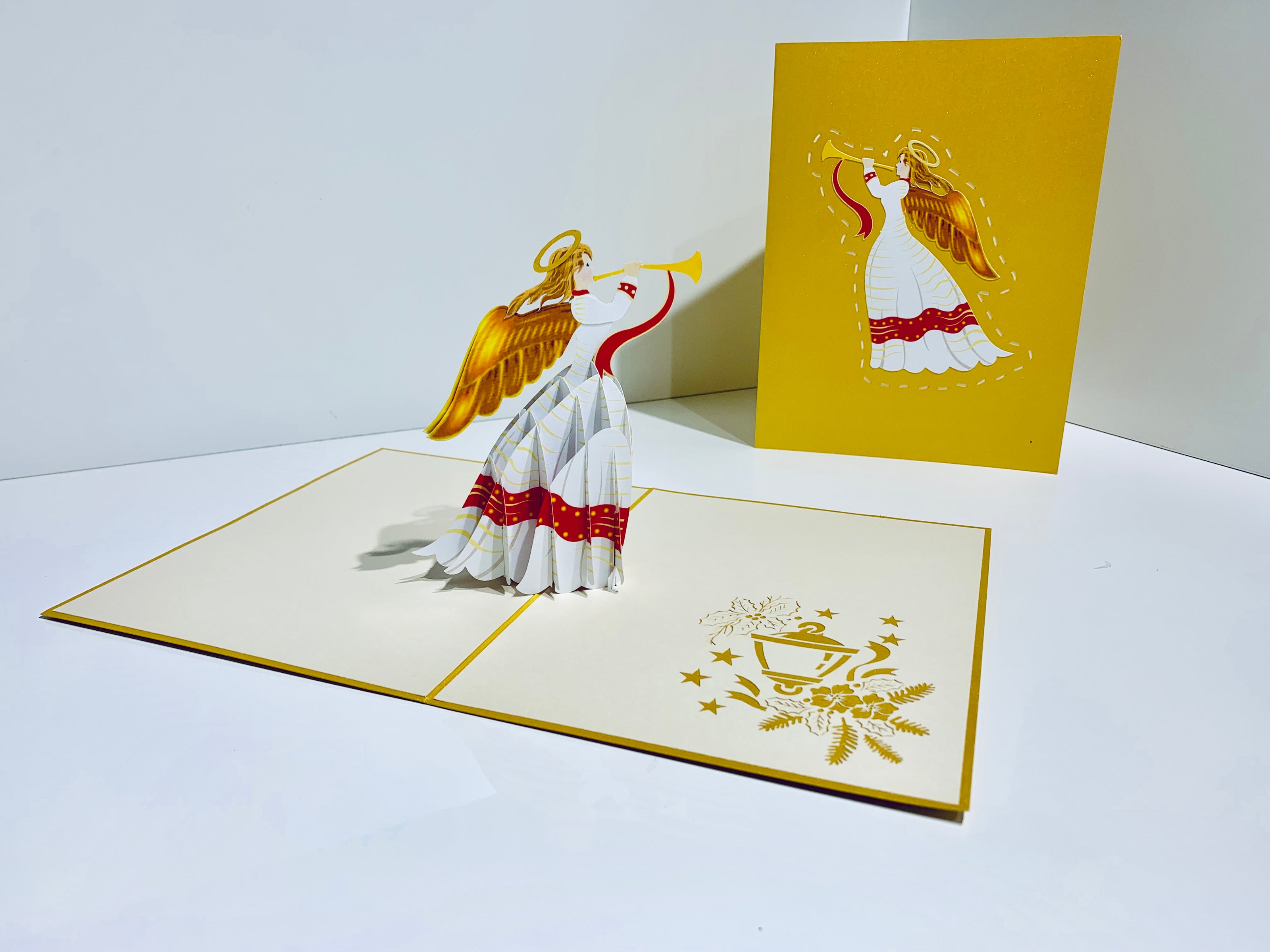 Christmas Angel Blowing Trumpet in Gold Origami Pop Cards 3D Pop Up Greeting Card Merry Christmas Thank You Handmade Best Wishes Blank Card Gift Happy Holidays Celebrate the Special Day Moment with Family and Friends Holy