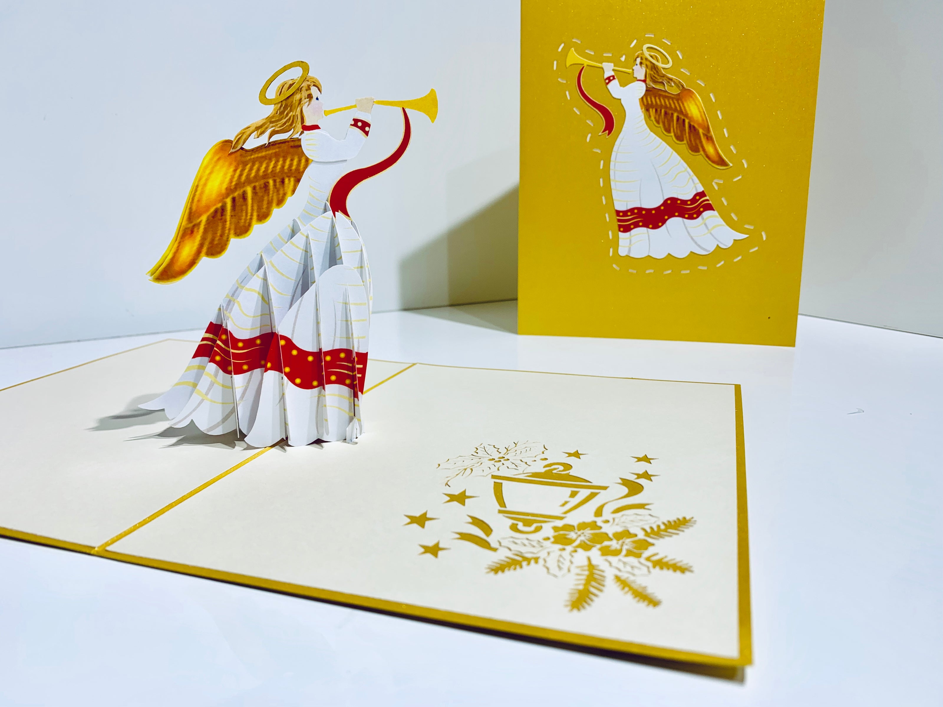 Christmas Angel Blowing Trumpet in Gold Origami Pop Cards 3D Pop Up Greeting Card Merry Christmas Thank You Handmade Best Wishes Blank Card Gift Happy Holidays Celebrate the Special Day Moment with Family and Friends Holy