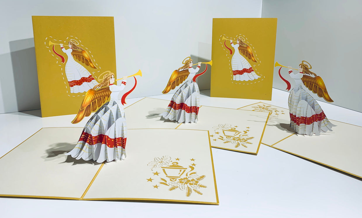Christmas Angel Blowing Trumpet in Gold Origami Pop Cards 3D Pop Up Greeting Card Merry Christmas Thank You Handmade Best Wishes Blank Card Gift Happy Holidays Celebrate the Special Day Moment with Family and Friends Holy