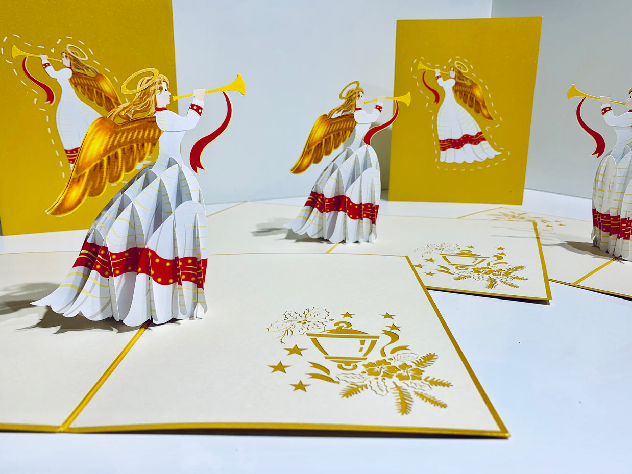 Christmas Angel Blowing Trumpet in Gold Origami Pop Cards 3D Pop Up Greeting Card Merry Christmas Thank You Handmade Best Wishes Blank Card Gift Happy Holidays Celebrate the Special Day Moment with Family and Friends Holy