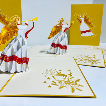 Christmas Angel Blowing Trumpet in Gold Origami Pop Cards 3D Pop Up Greeting Card Merry Christmas Thank You Handmade Best Wishes Blank Card Gift Happy Holidays Celebrate the Special Day Moment with Family and Friends Holy