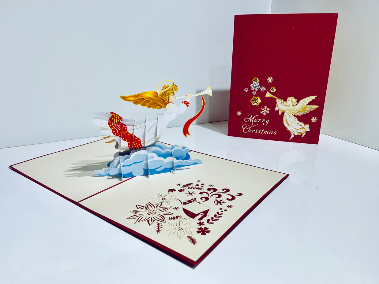 Christmas Angel Blowing Trumpet in Red Origami Pop Cards 3D Pop Up Greeting Card Merry Christmas Thank You Handmade Best Wishes Blank Card Gift Happy Holidays Celebrate the Special Day Moment with Family and Friends Holy