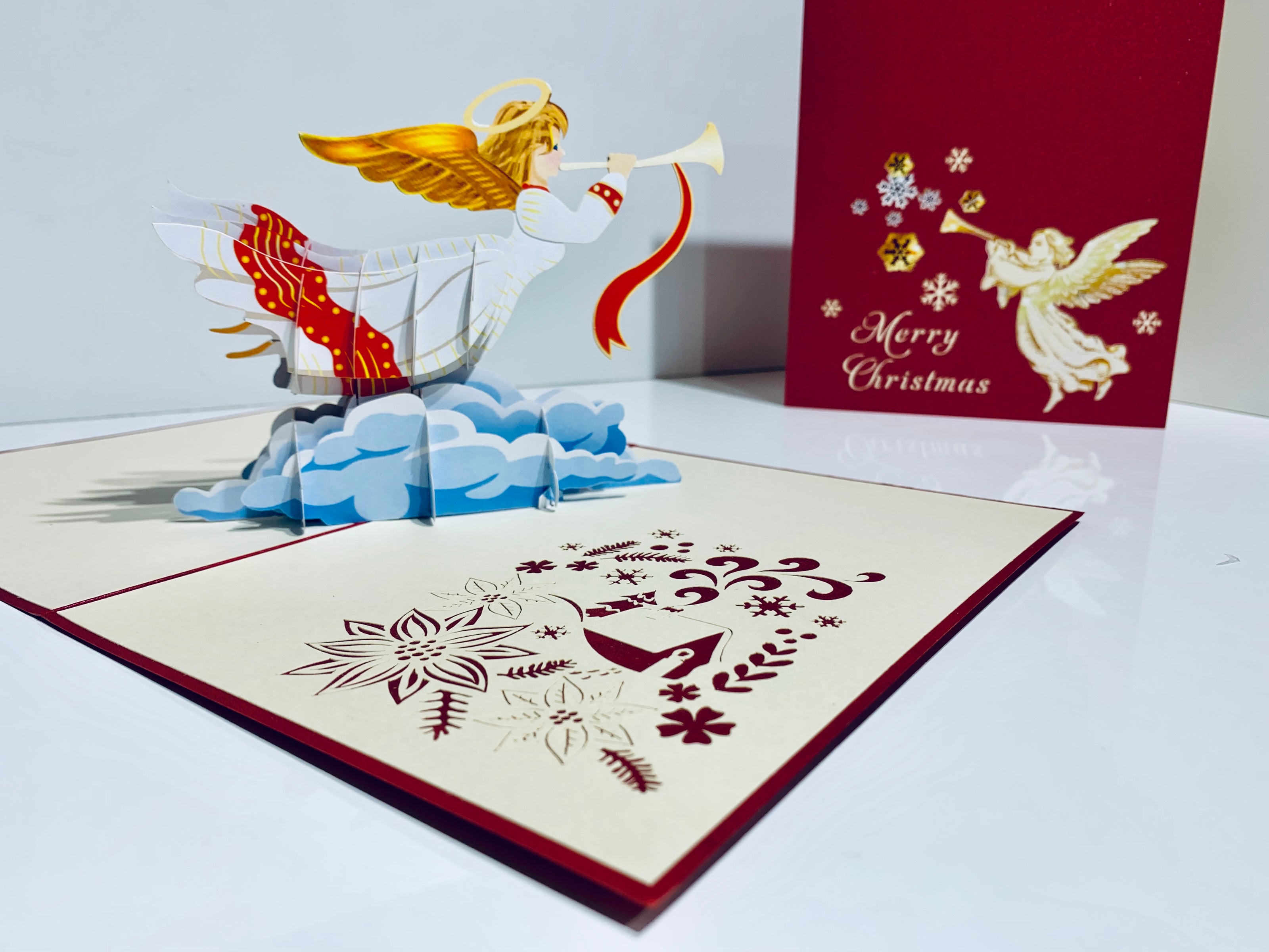 Christmas Angel Blowing Trumpet in Red Origami Pop Cards 3D Pop Up Greeting Card Merry Christmas Thank You Handmade Best Wishes Blank Card Gift Happy Holidays Celebrate the Special Day Moment with Family and Friends Holy