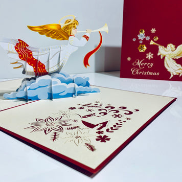Christmas Angel Blowing Trumpet in Red Origami Pop Cards 3D Pop Up Greeting Card Merry Christmas Thank You Handmade Best Wishes Blank Card Gift Happy Holidays Celebrate the Special Day Moment with Family and Friends Holy