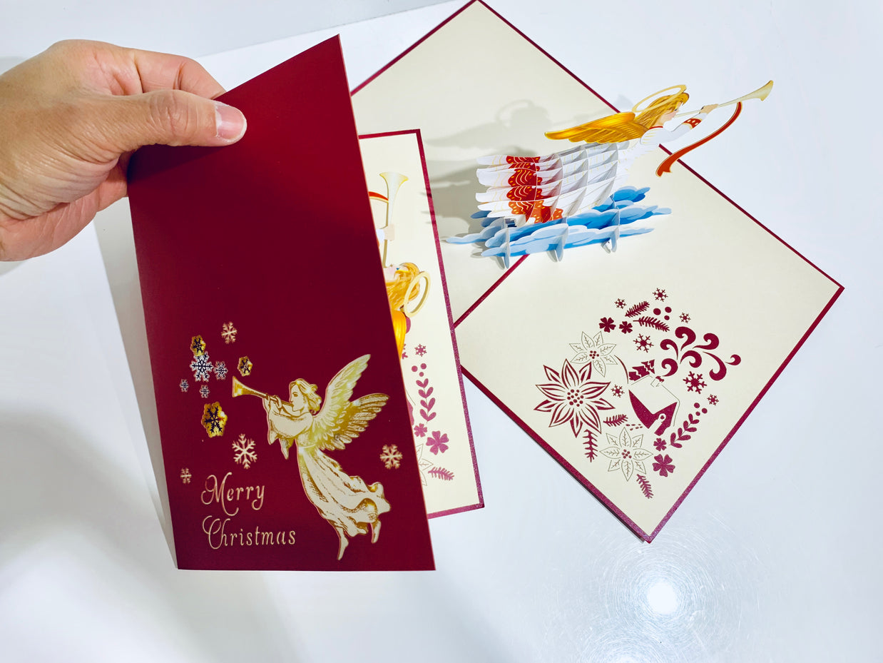 Christmas Angel Blowing Trumpet in Red Origami Pop Cards 3D Pop Up Greeting Card Merry Christmas Thank You Handmade Best Wishes Blank Card Gift Happy Holidays Celebrate the Special Day Moment with Family and Friends Holy