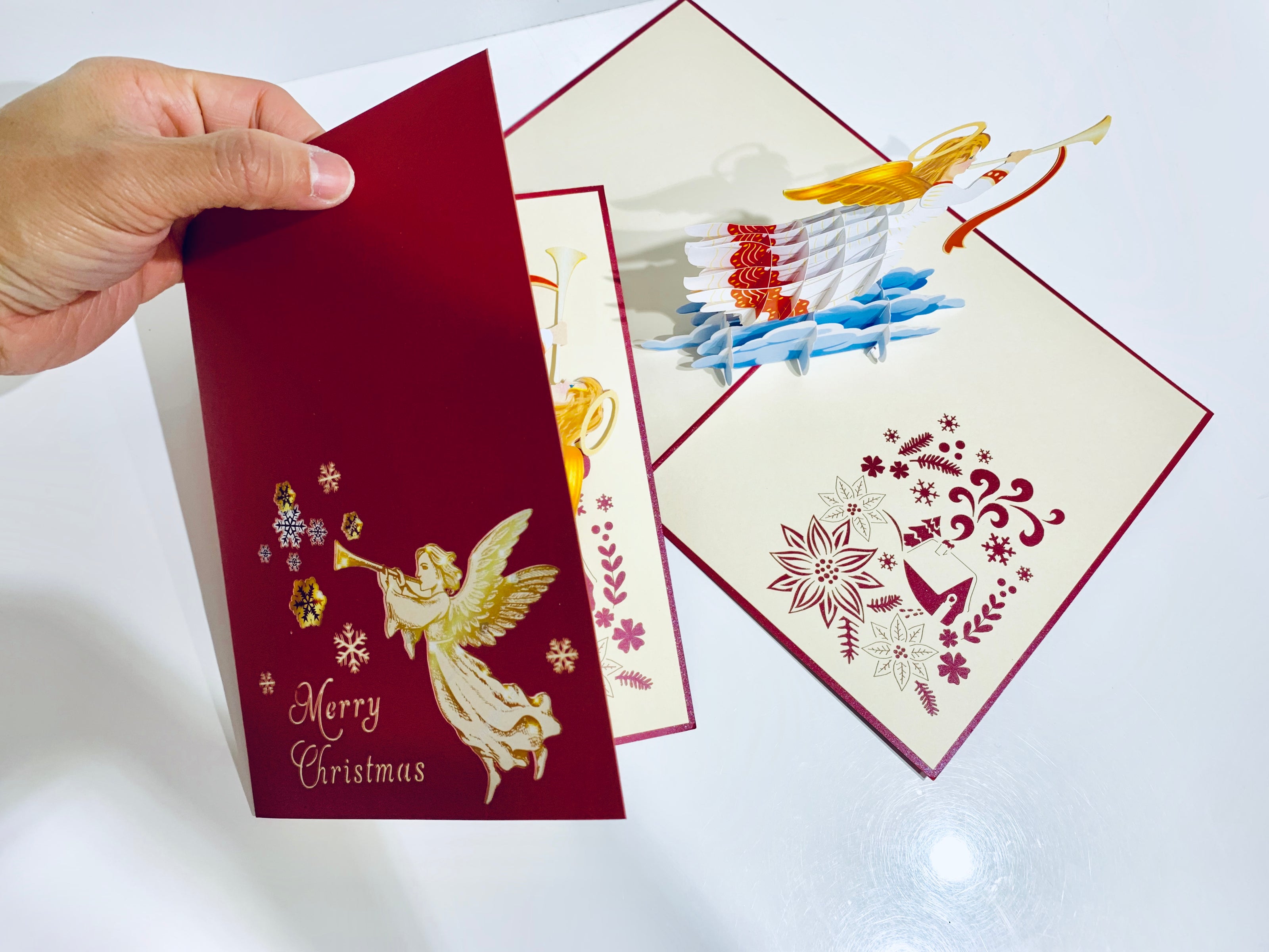 Christmas Angel Blowing Trumpet in Red Origami Pop Cards 3D Pop Up Greeting Card Merry Christmas Thank You Handmade Best Wishes Blank Card Gift Happy Holidays Celebrate the Special Day Moment with Family and Friends Holy