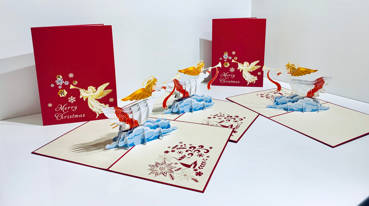 Christmas Angel Blowing Trumpet in Red Origami Pop Cards 3D Pop Up Greeting Card Merry Christmas Thank You Handmade Best Wishes Blank Card Gift Happy Holidays Celebrate the Special Day Moment with Family and Friends Holy