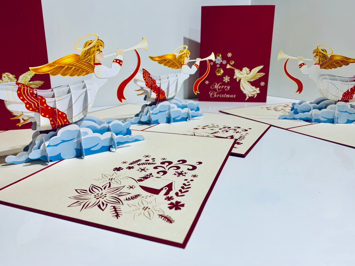 Christmas Angel Blowing Trumpet in Red Origami Pop Cards 3D Pop Up Greeting Card Merry Christmas Thank You Handmade Best Wishes Blank Card Gift Happy Holidays Celebrate the Special Day Moment with Family and Friends Holy