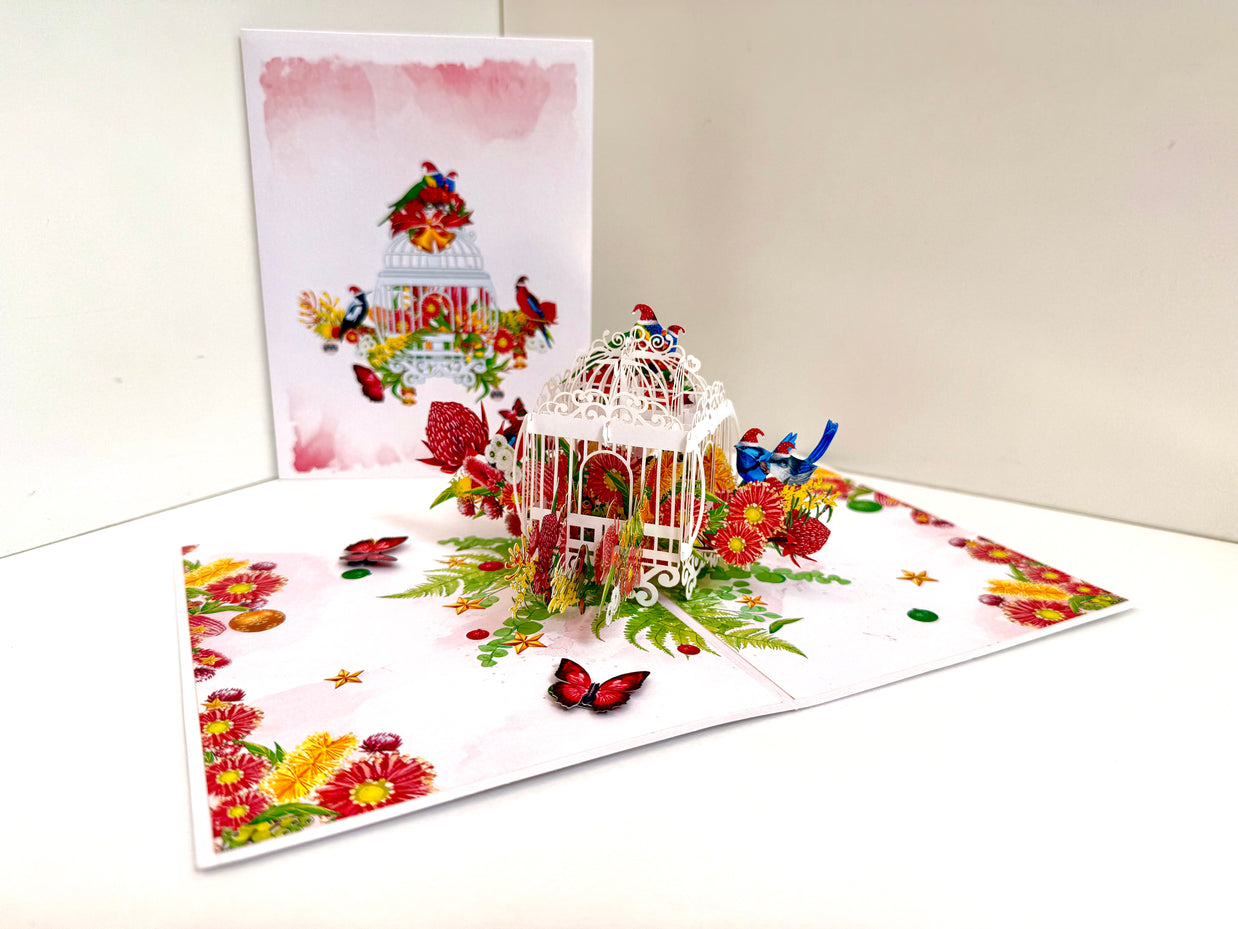 Christmas Australian Native Bird Cage & Flowers Origami Pop Cards 3D Pop Up Greeting Card Merry Christmas Thank You Handmade Best Wishes Blank Card Gift Happy Holidays Celebrate the Special Day